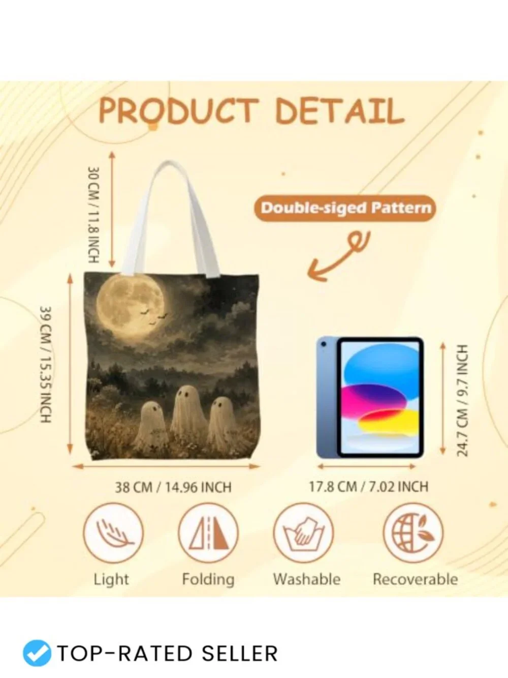 Dark Cottagecore Halloween Ghost Print Tote Bag with Handles